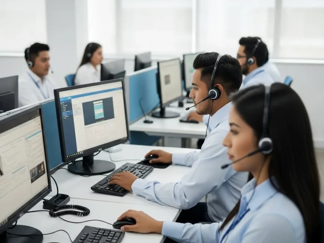 Call centers Guatemala: jóvenes trabajando en oficinas modernas con audífonos y computadoras, reflejando salarios y requisitos actuales del sector.