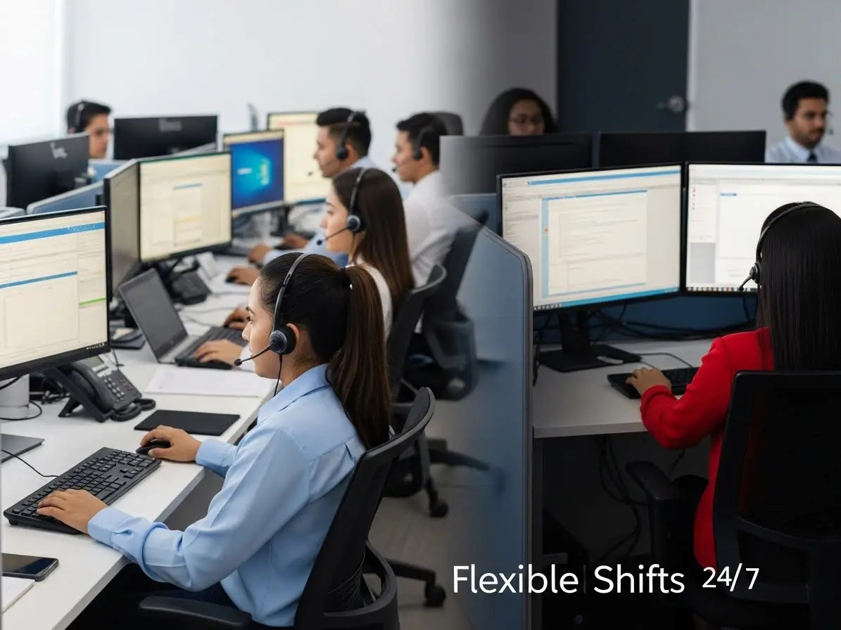 Call centers Guatemala mostrando horarios disponibles para trabajar, con agentes en turnos diurnos y nocturnos en oficinas modernas.