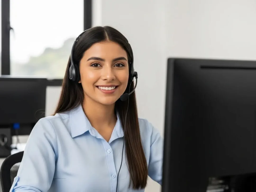 Call centers Guatemala mostrando a una mujer con auriculares sonriendo, representando cómo aplicar sin experiencia ni inglés.