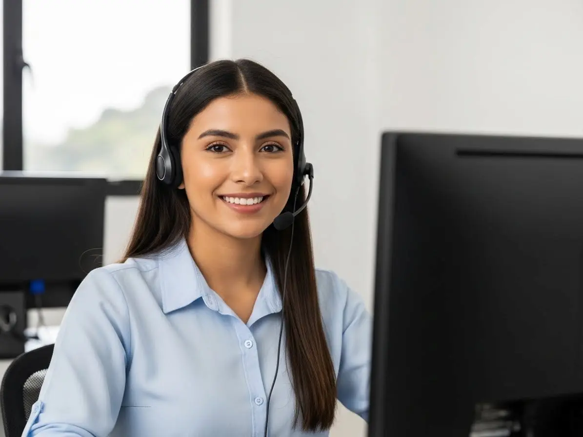 Call centers Guatemala mostrando a una mujer con auriculares sonriendo, representando cómo aplicar sin experiencia ni inglés.