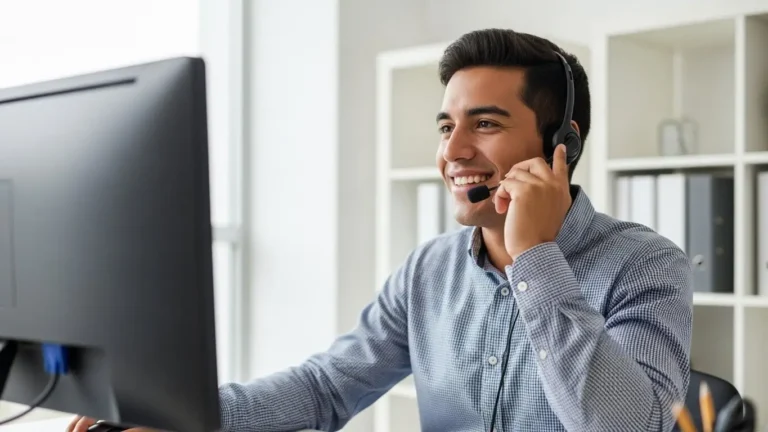 Call center Barranquilla: joven agente de atención al cliente trabajando con audífonos en oficina moderna, representando salarios y requisitos laborales actuales.