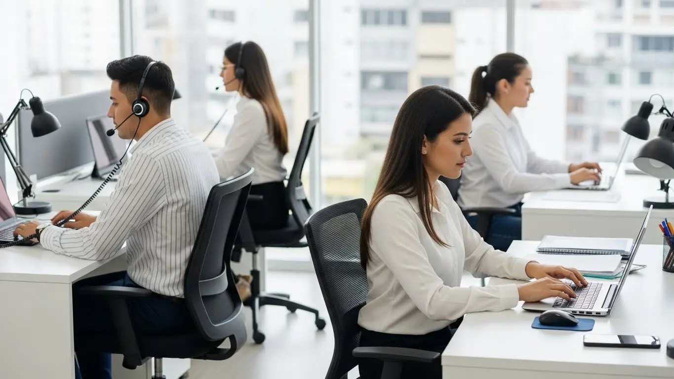 Call center Barranquilla mostrando modalidades de atención disponibles hoy, con agentes atendiendo llamadas, chats y correos en oficina moderna.