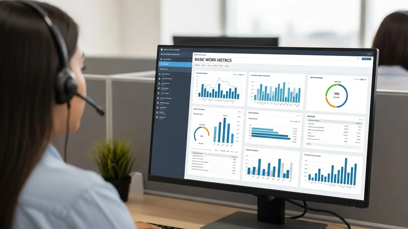 Call center Barranquilla: agente principiante revisando métricas laborales básicas y desempeño en pantalla durante jornada de trabajo.
