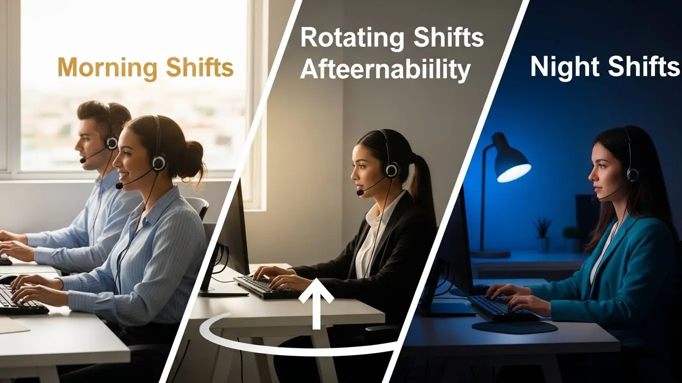 Call center Barranquilla mostrando turnos rotativos y disponibilidad requerida, con agentes trabajando en diferentes horarios dentro de oficina moderna.