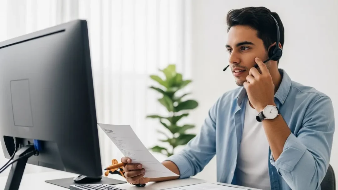 Call center Barranquilla: joven aplicando a empleo sin experiencia laboral desde computadora en oficina moderna.
