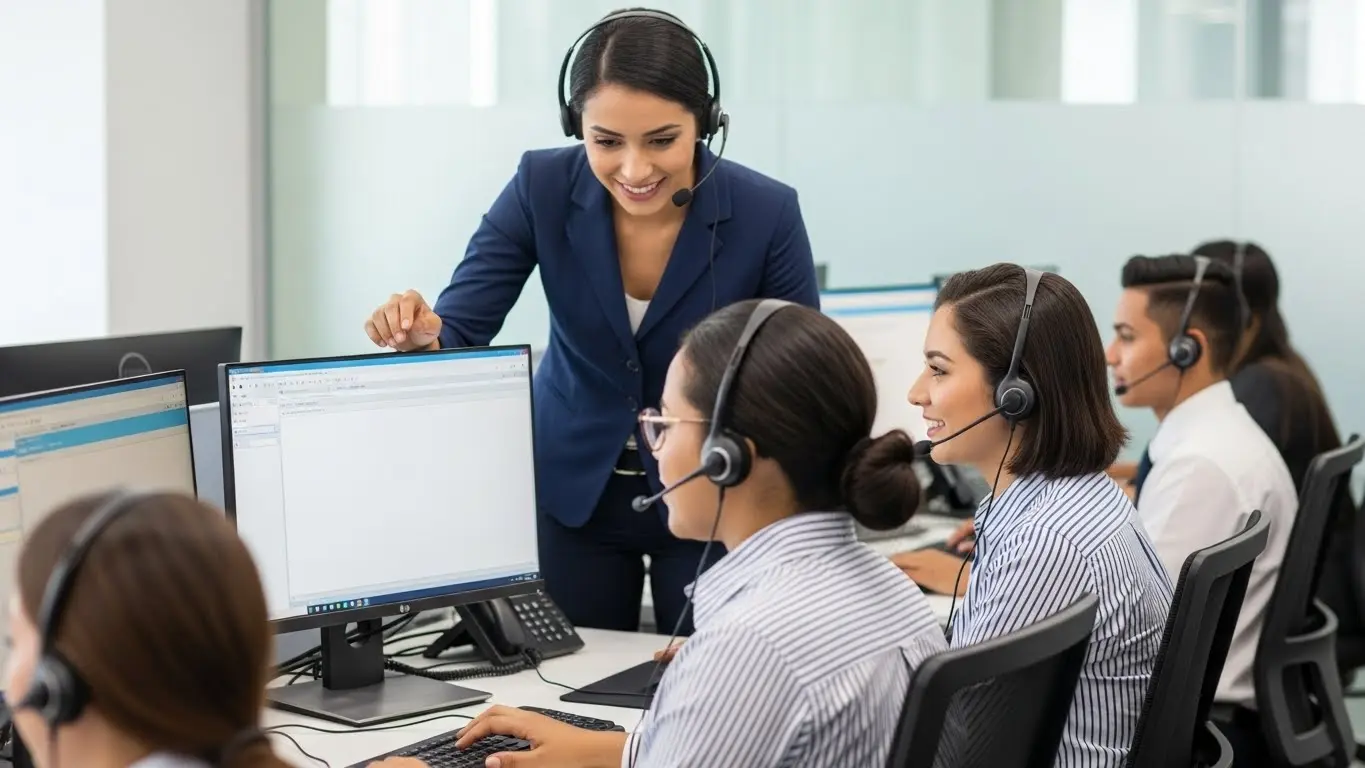 Call center Barranquilla: capacitación para nuevos ingresos con agentes en entrenamiento guiado dentro de oficina moderna.