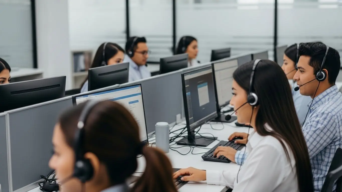Call centers Guatemala: equipo de agentes trabajando en oficina moderna, representando las mejores empresas para trabajar en 2026.