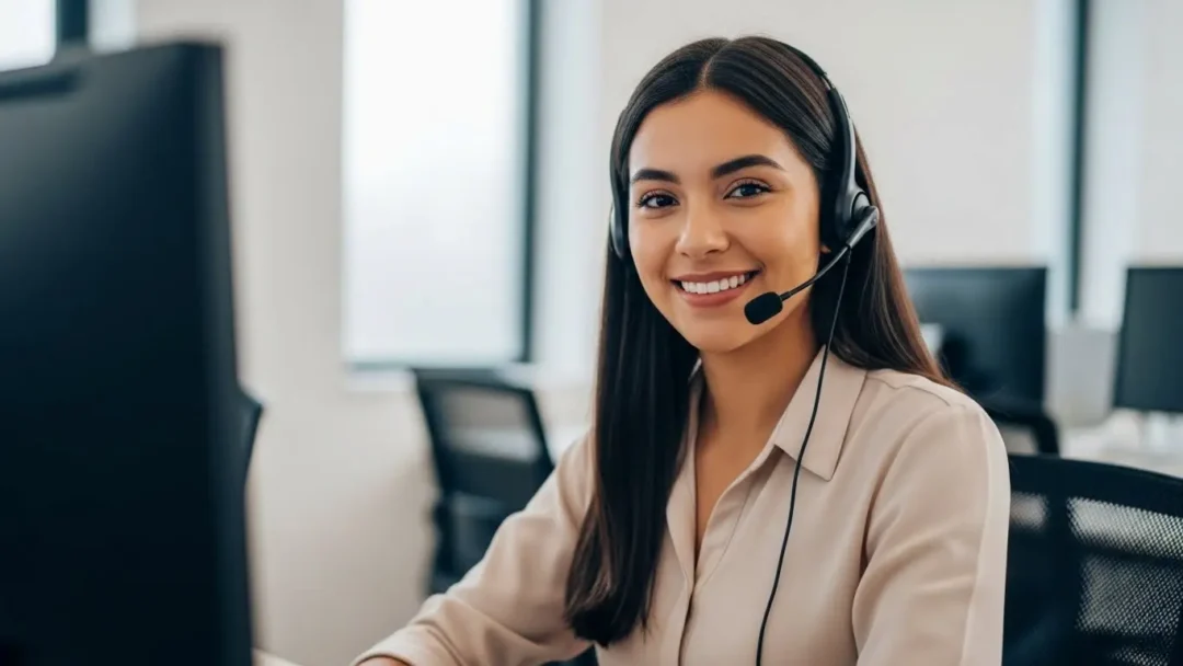 Call centers Guatemala: agente usando auriculares y sonriendo a la cámara, representando bienestar y beneficios reales al trabajar en un call center.