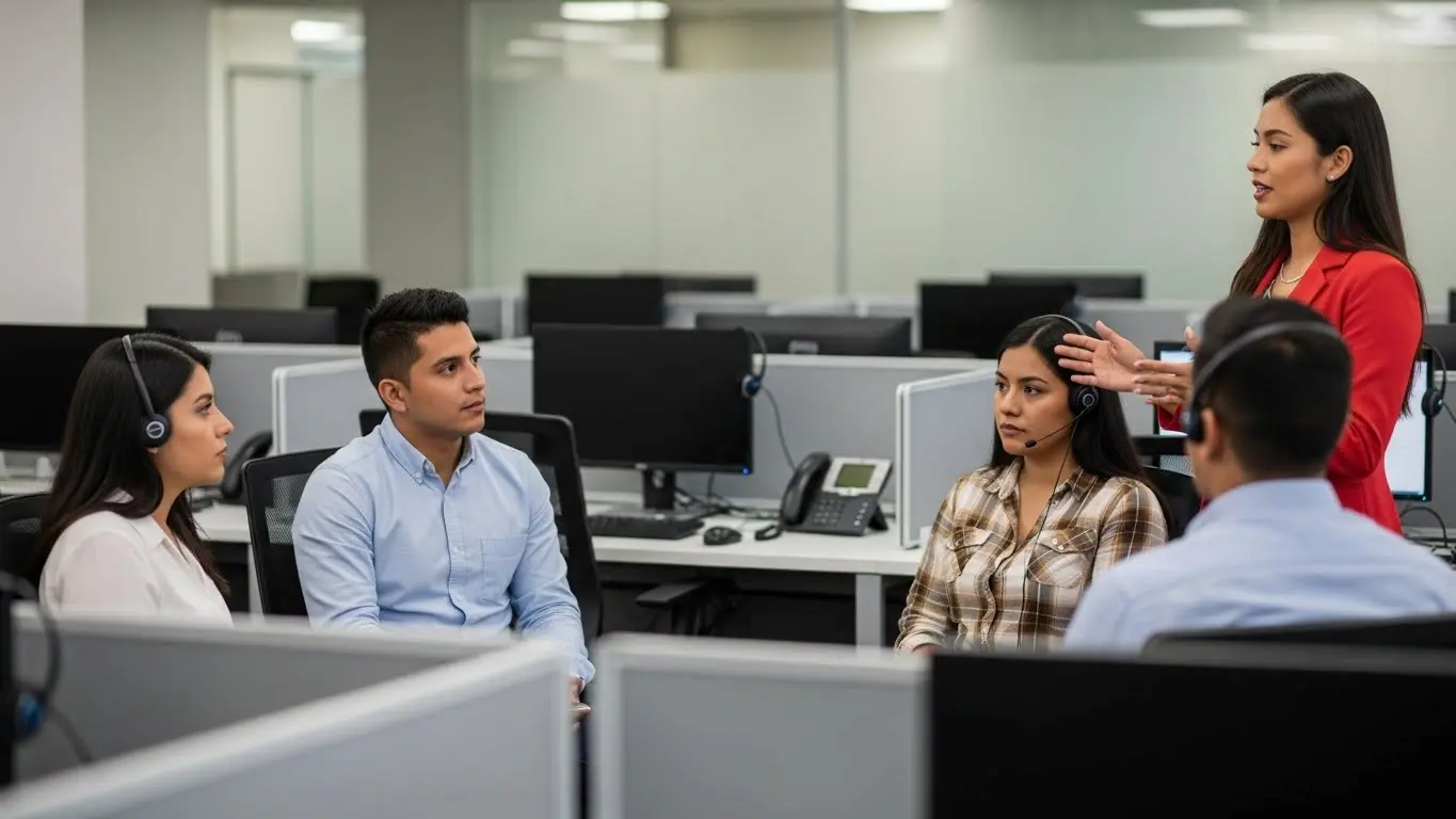 Call centers Guatemala: reunión interna sobre programas de bienestar y salud integral dentro de un entorno de call center.