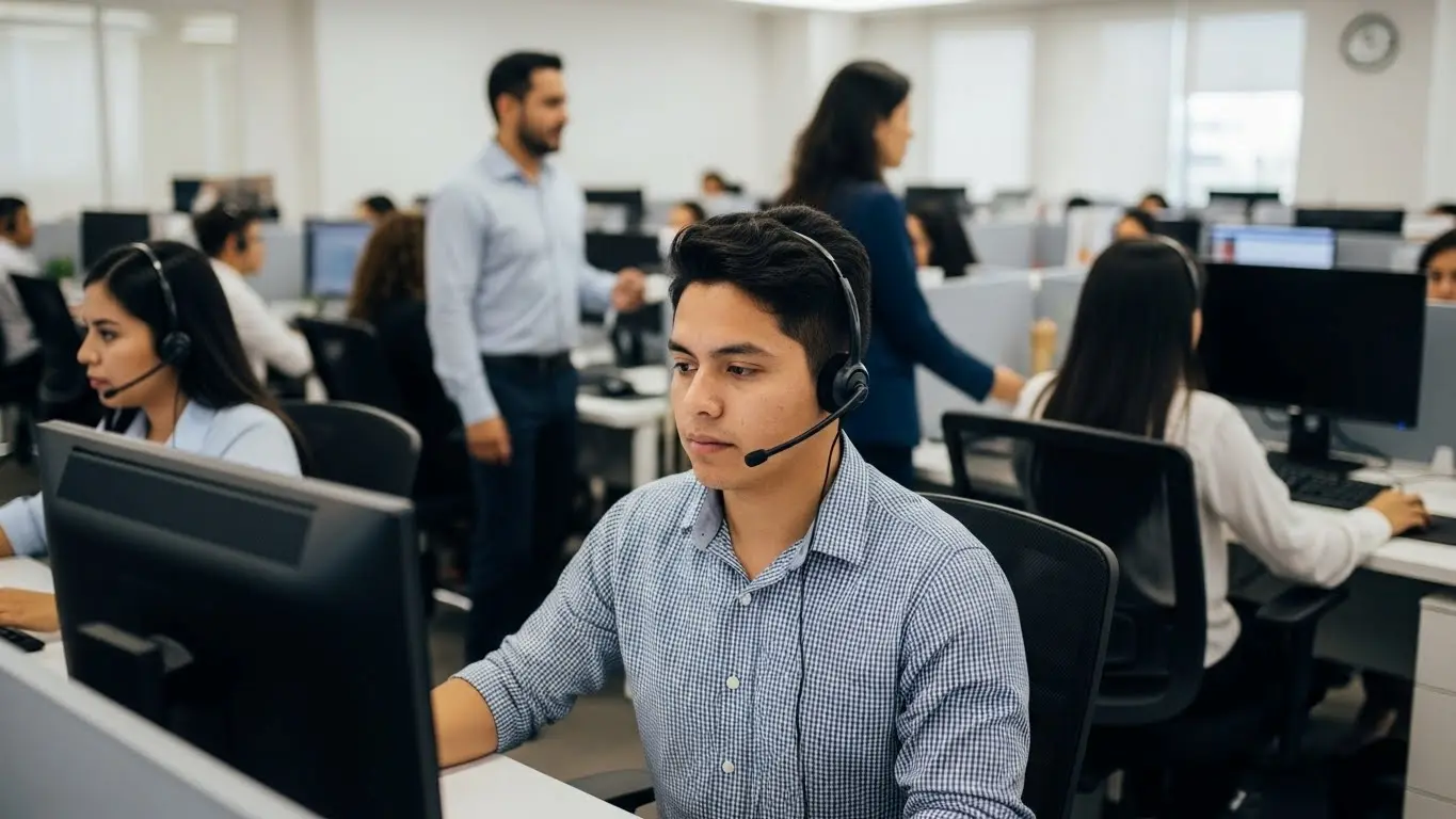 Call centers Guatemala: trabajo presencial en oficina moderna con agentes y supervisores, mostrando beneficios del empleo en 2025.