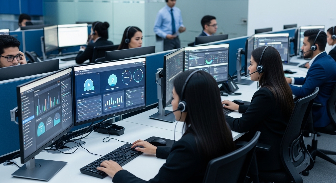 Agentes trabajando en call centers Guatemala con tecnología avanzada e inteligencia artificial en un entorno corporativo moderno.