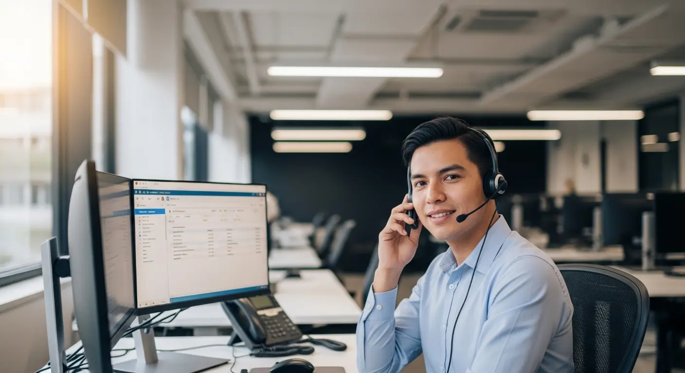 Agente bilingüe atendiendo llamada en call centers Guatemala con sistema CRM y soporte técnico profesional.