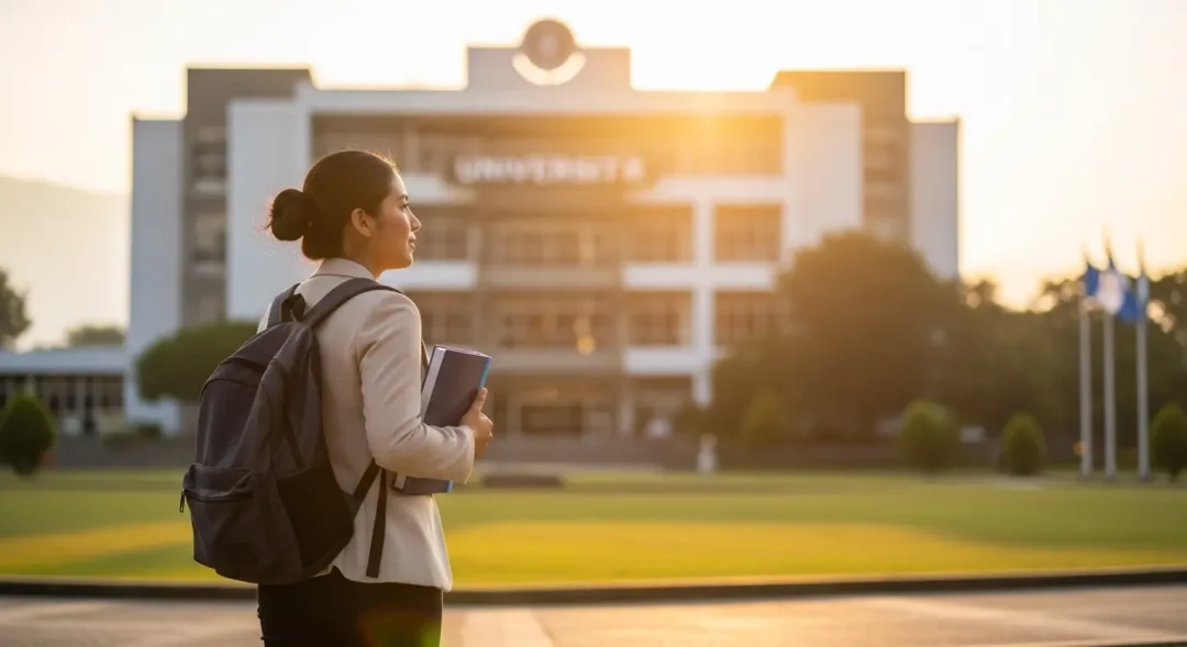 Estudiante universitaria saliendo de clases para trabajar en call centers Guatemala en 2026.