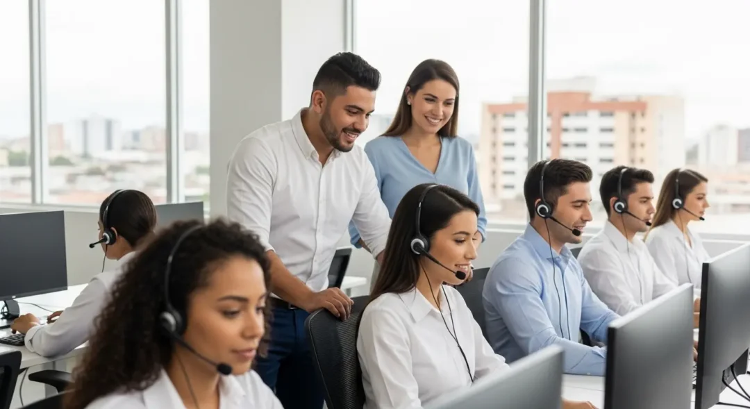 Equipo trabajando en call center Barranquilla con enfoque en beneficios y crecimiento laboral.