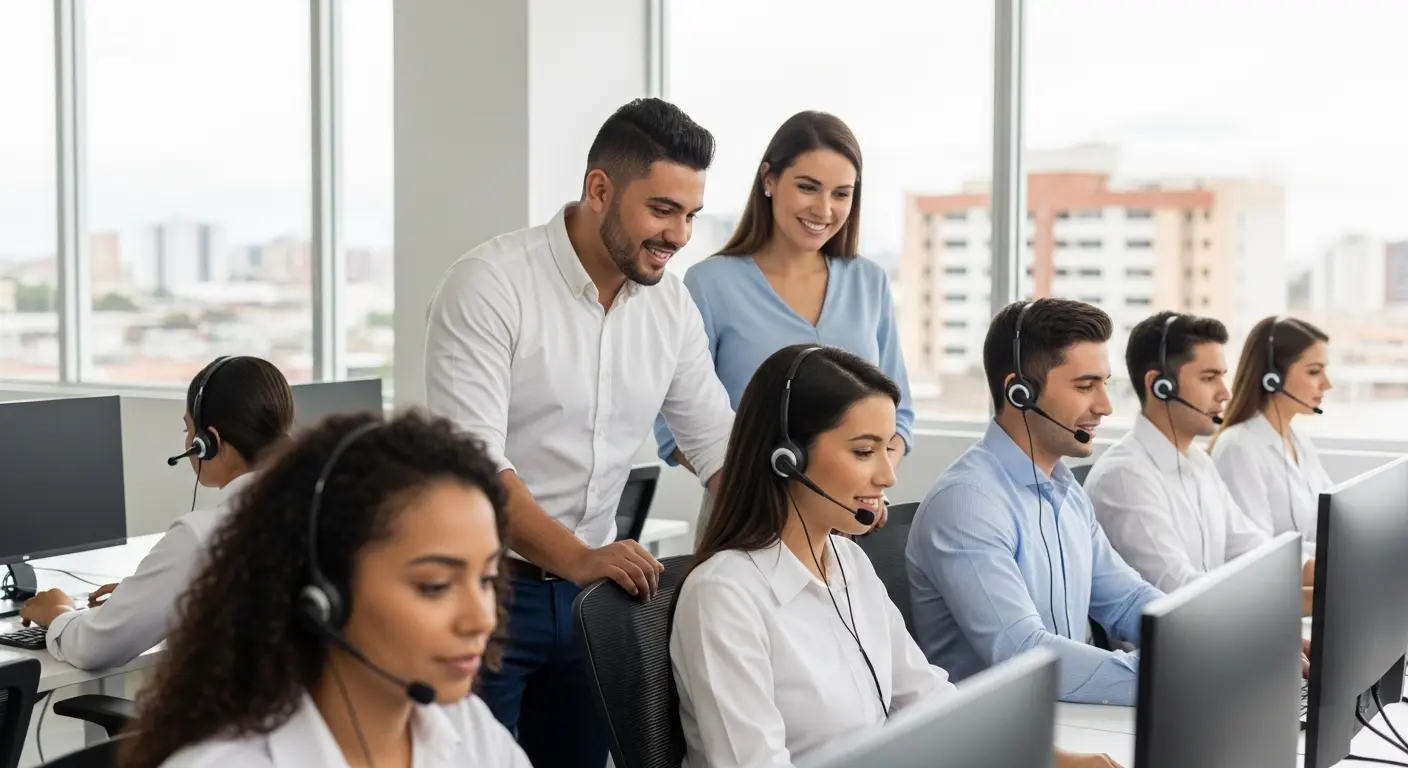 Equipo trabajando en call center Barranquilla con enfoque en beneficios y crecimiento laboral.