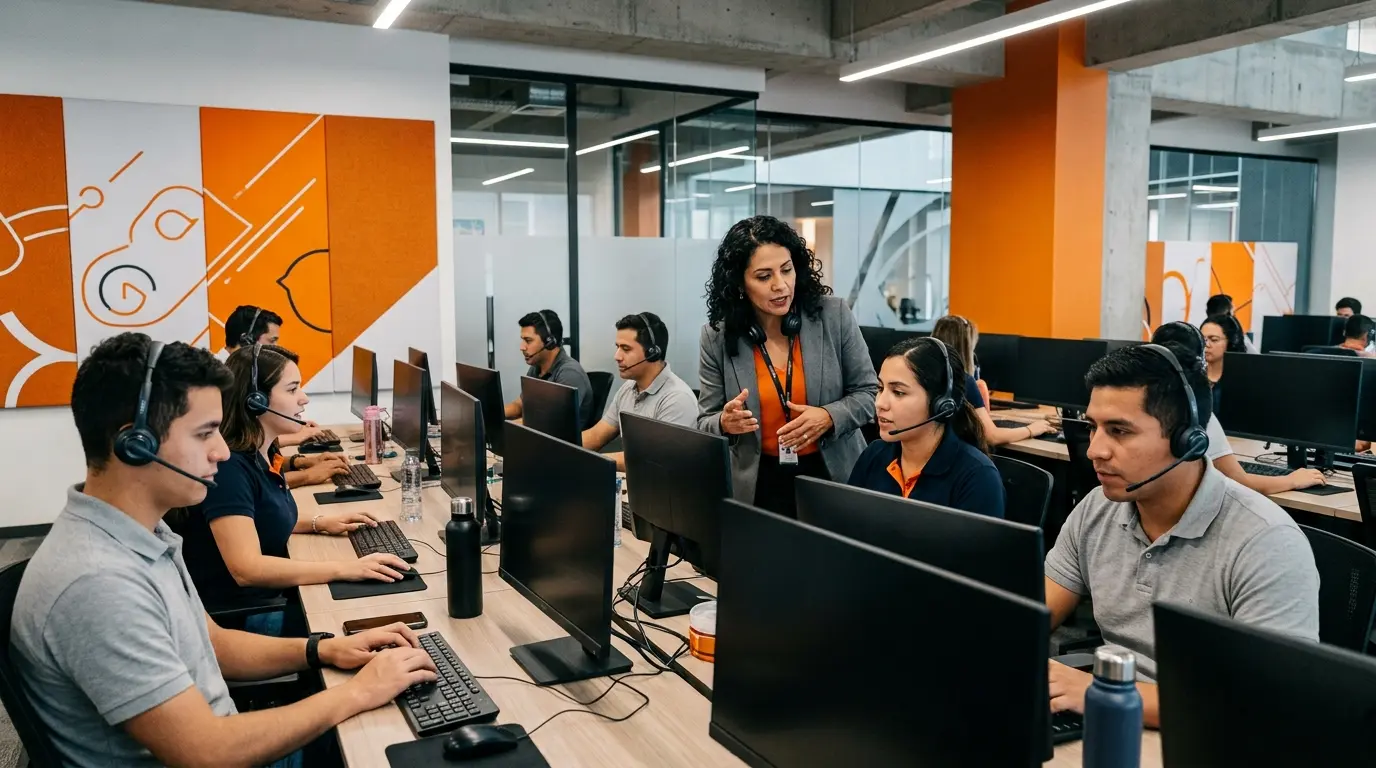 Simulación práctica durante la capacitación en un call center en inglés en Guatemala.