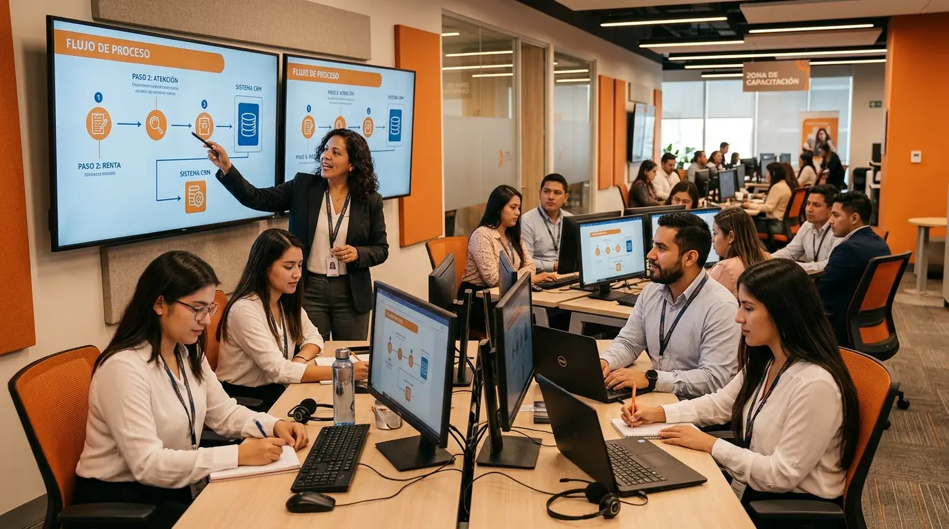 Capacitación para nuevos colaboradores latinoamericanos en un contact center bilingüe en Guatemala.