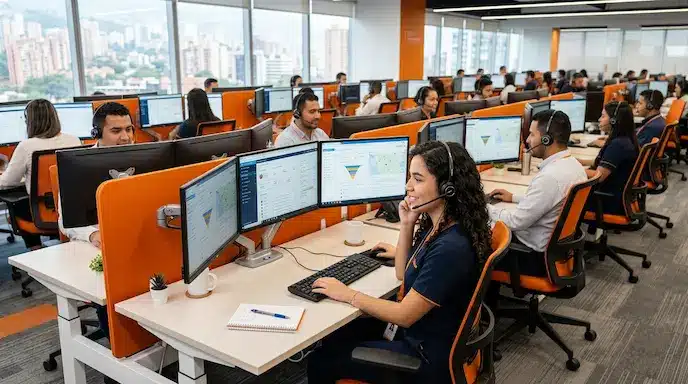 Colaborador utilizando herramientas tecnológicas y CRM en un call center en inglés en Guatemala.