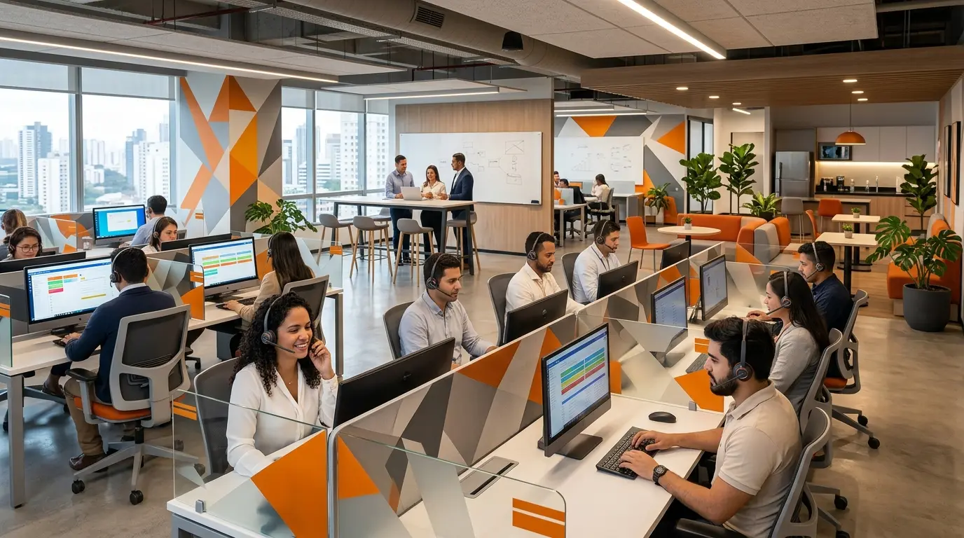Interior moderno de un call center en Guatemala con espacios ergonómicos y colaborativos.