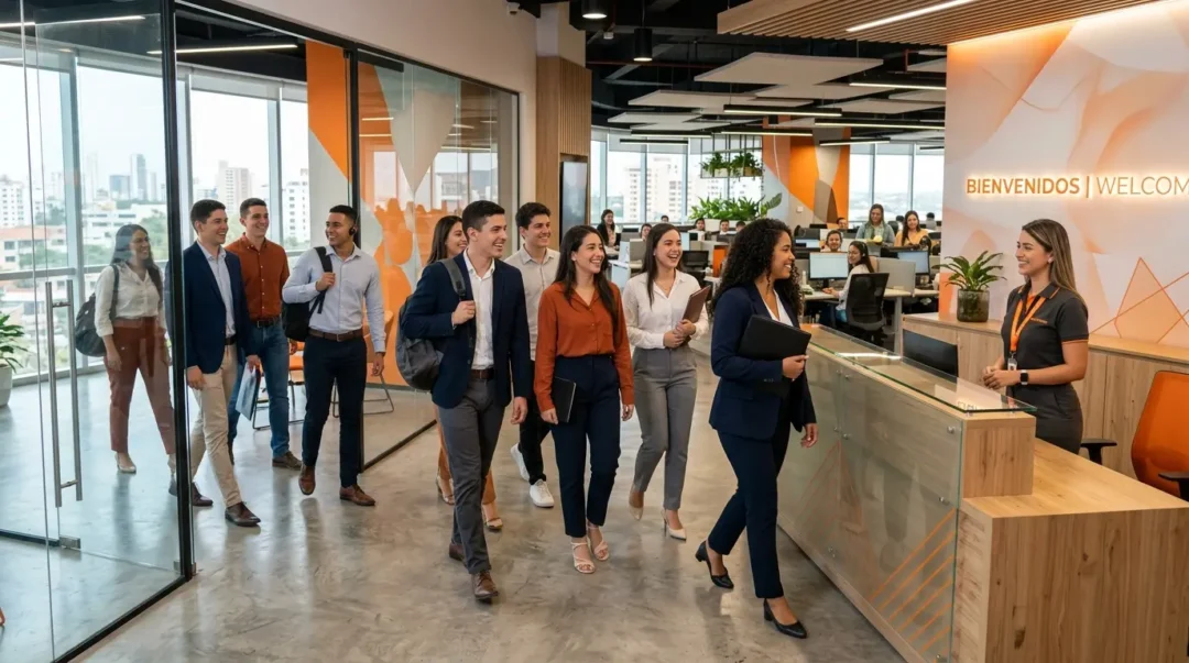 Recién graduados iniciando su carrera en un call center bilingüe en Barranquilla.