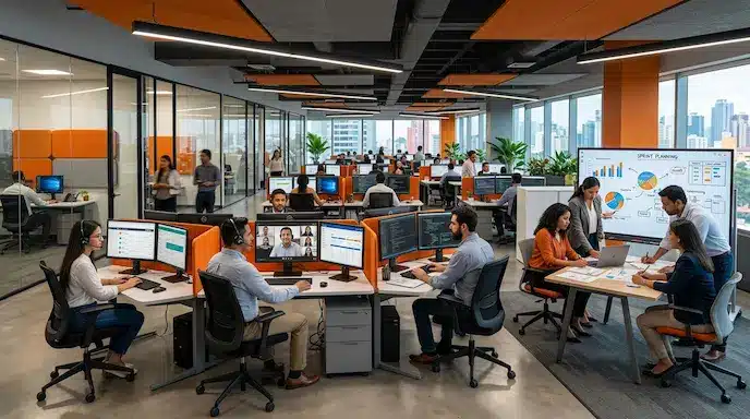 Colaboradores latinoamericanos desempeñando distintas funciones dentro de un moderno BPO en Guatemala.