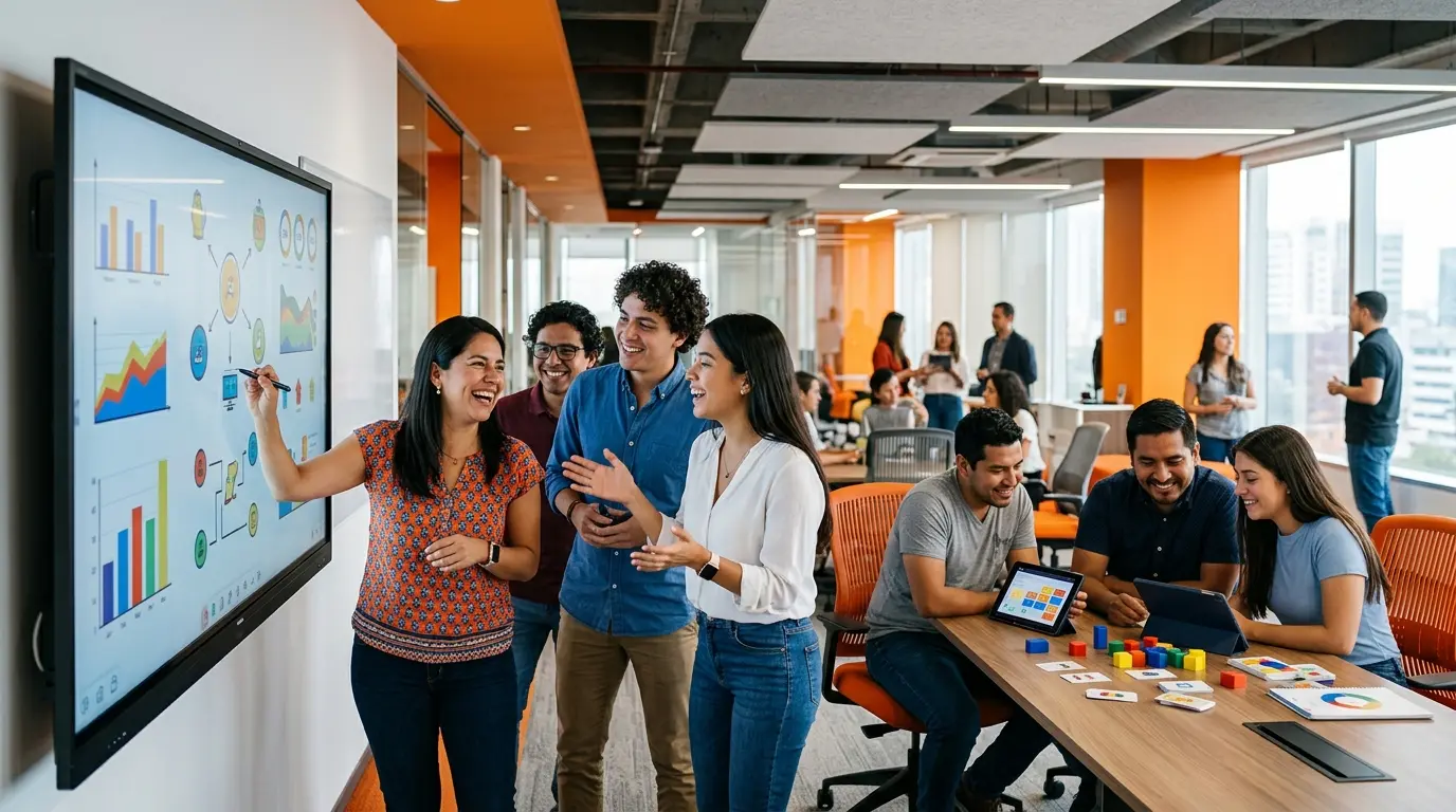 Capacitación dinámica y colaborativa en un moderno call center en inglés en Guatemala.