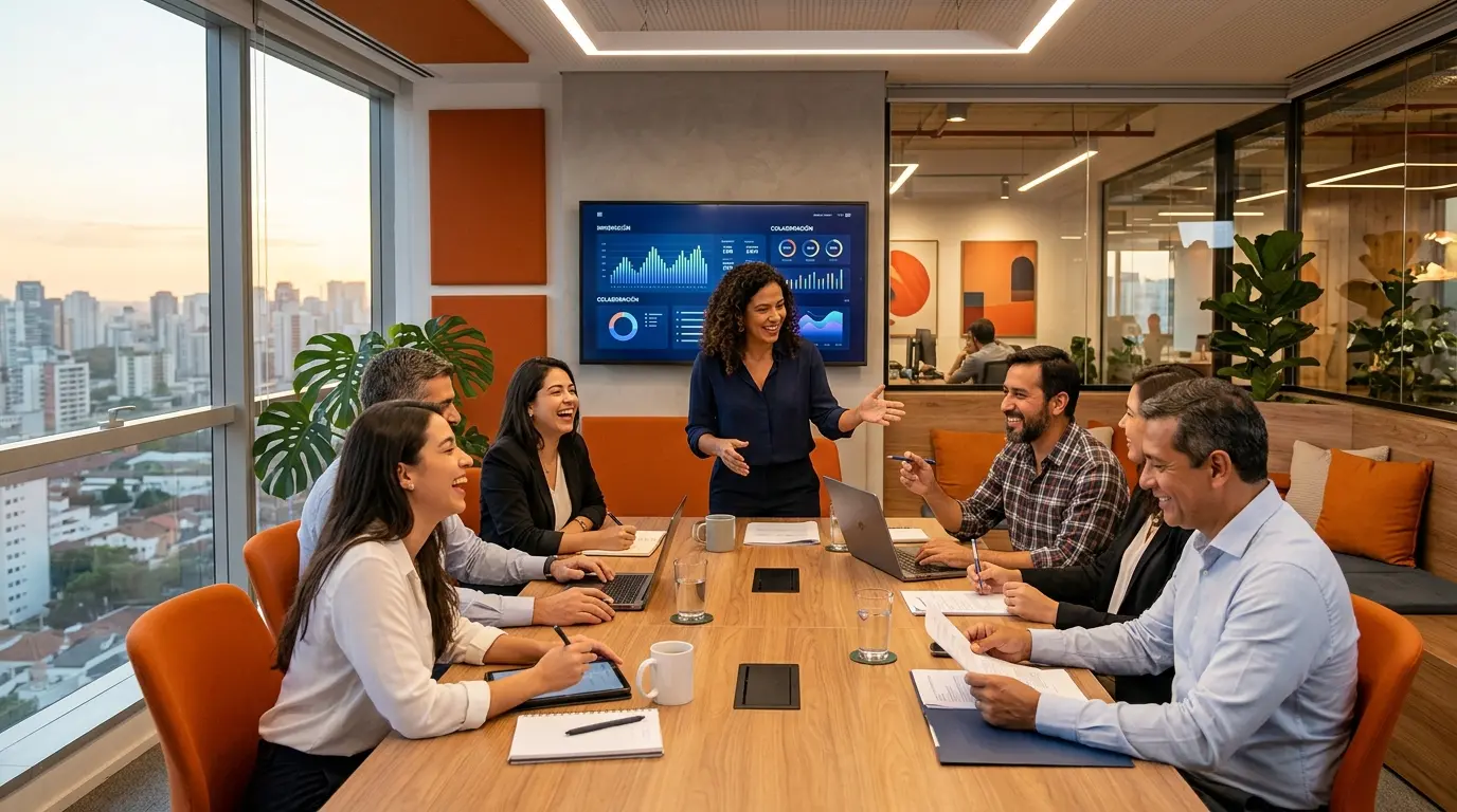 Equipo latinoamericano colaborando en un ambiente laboral moderno dentro de un call center en Guatemala.