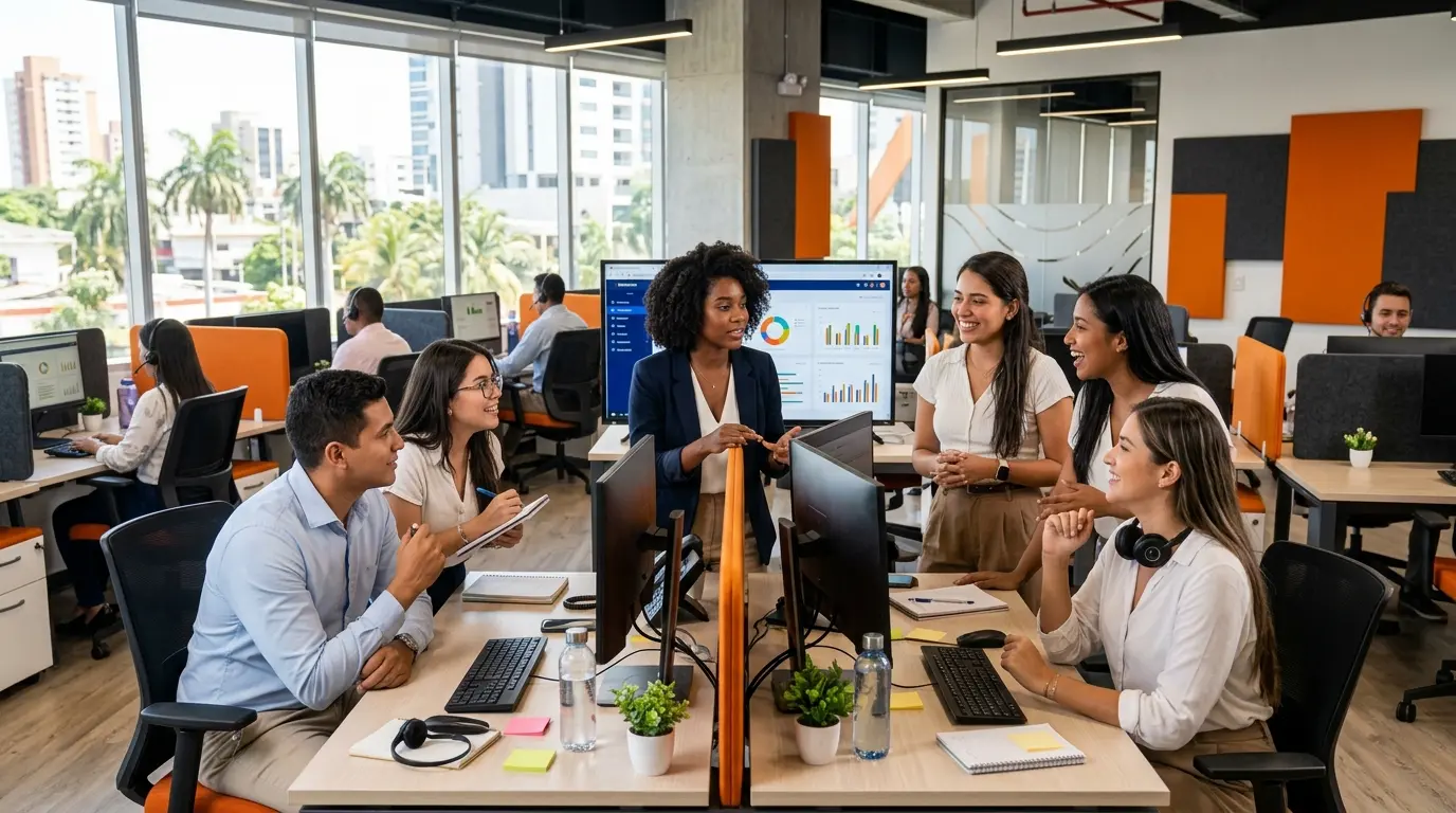 Equipo colaborando en un call center bilingüe en Barranquilla.