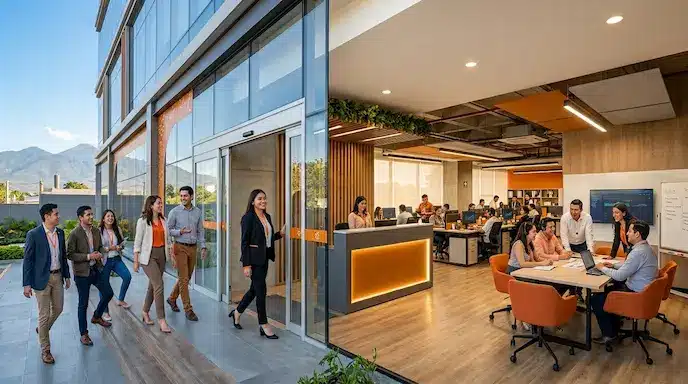 Sede moderna de un call center en inglés en Guatemala con colaboradores latinoamericanos.