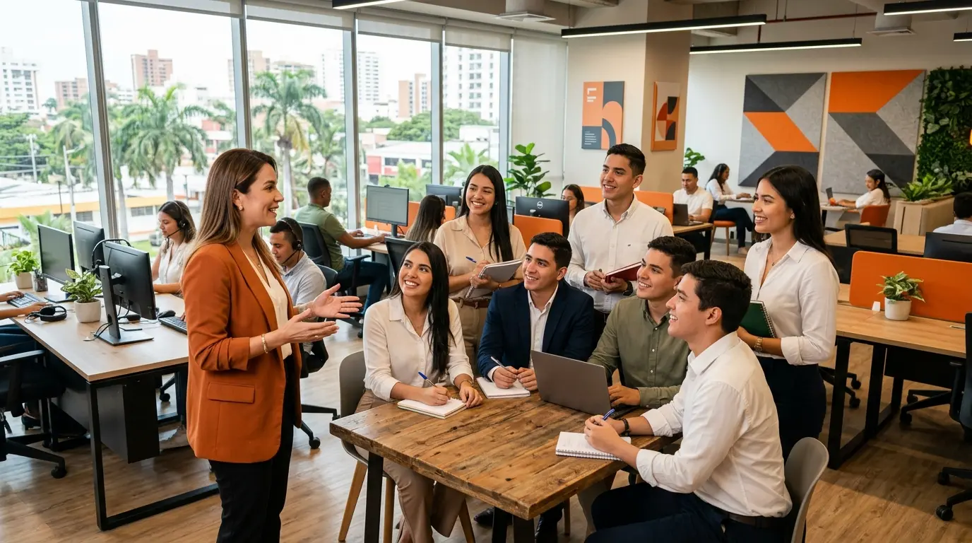 Equipo iniciando labores en un call center bilingüe en Barranquilla.