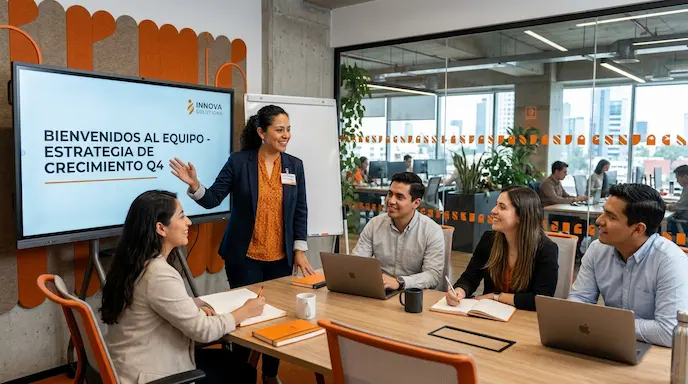 Supervisor guiando a nuevos colaboradores en un call center en inglés en Guatemala.