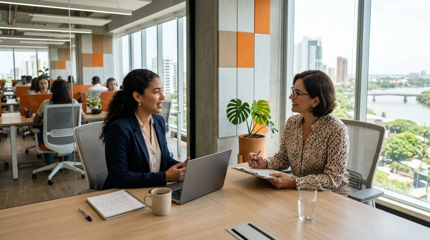 Entrevista laboral para un recién graduado en un call center bilingüe.