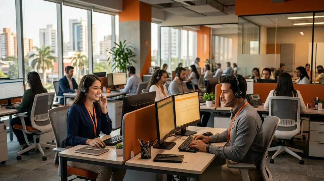 Jóvenes trabajando en un call center bilingüe en Barranquilla.