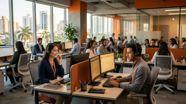 Jóvenes trabajando en un call center bilingüe en Barranquilla.