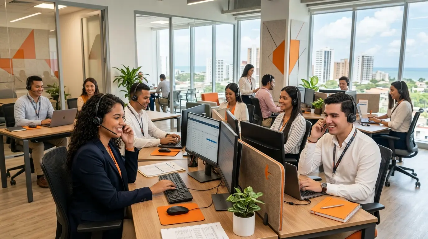 Profesionales trabajando en un call center bilingüe en Barranquilla con estabilidad laboral.