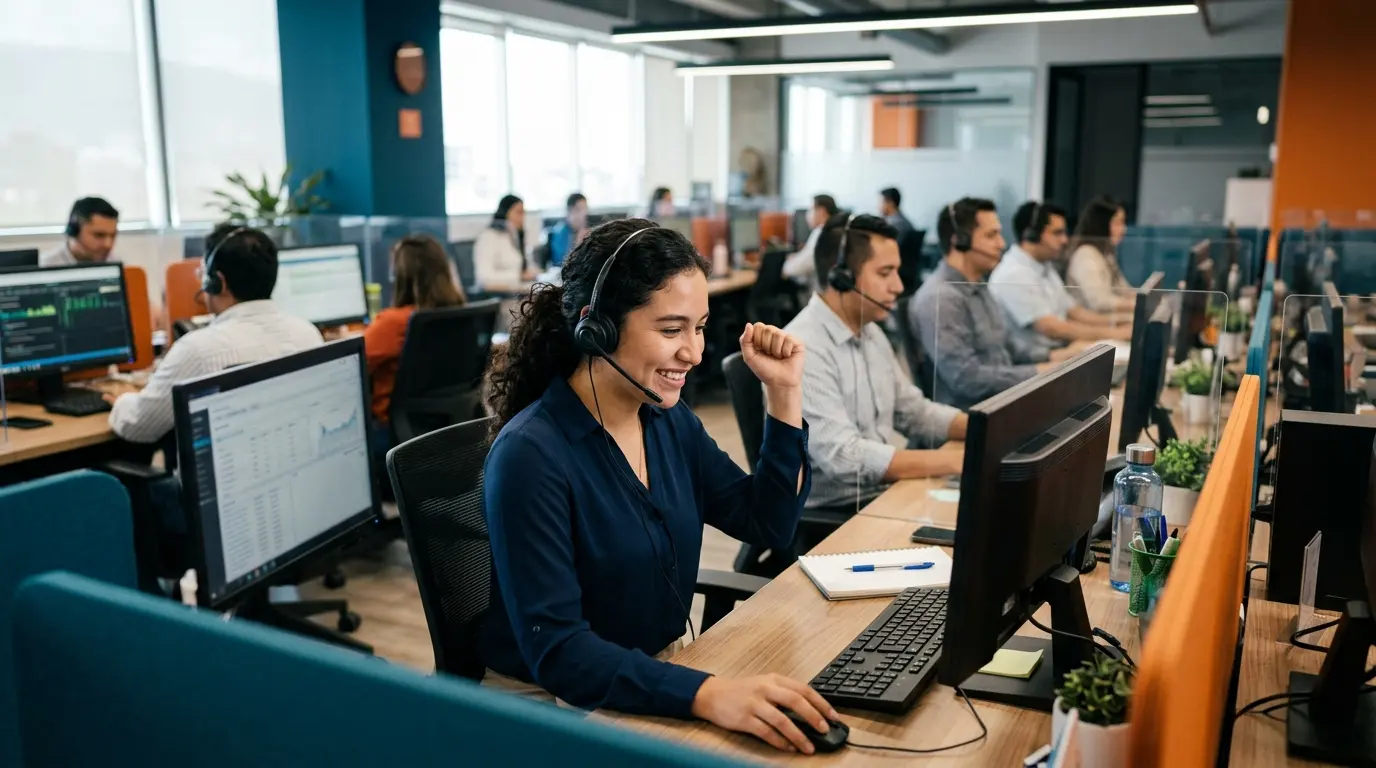 Agente de call center recibiendo reconocimiento por su desempeño laboral
