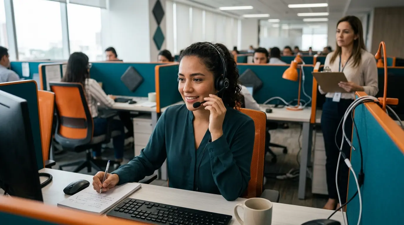 Agente demostrando habilidades de comunicación y empatía en un call center bilingüe Barranquilla
