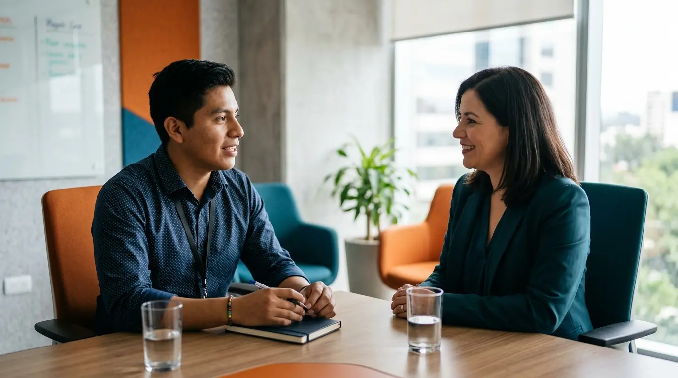 Colaborador conversando sobre oportunidades de desarrollo profesional en un call center