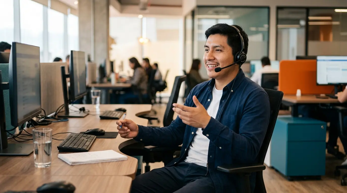 Joven guatemalteco practicando fluidez oral en inglés para trabajar en un call center