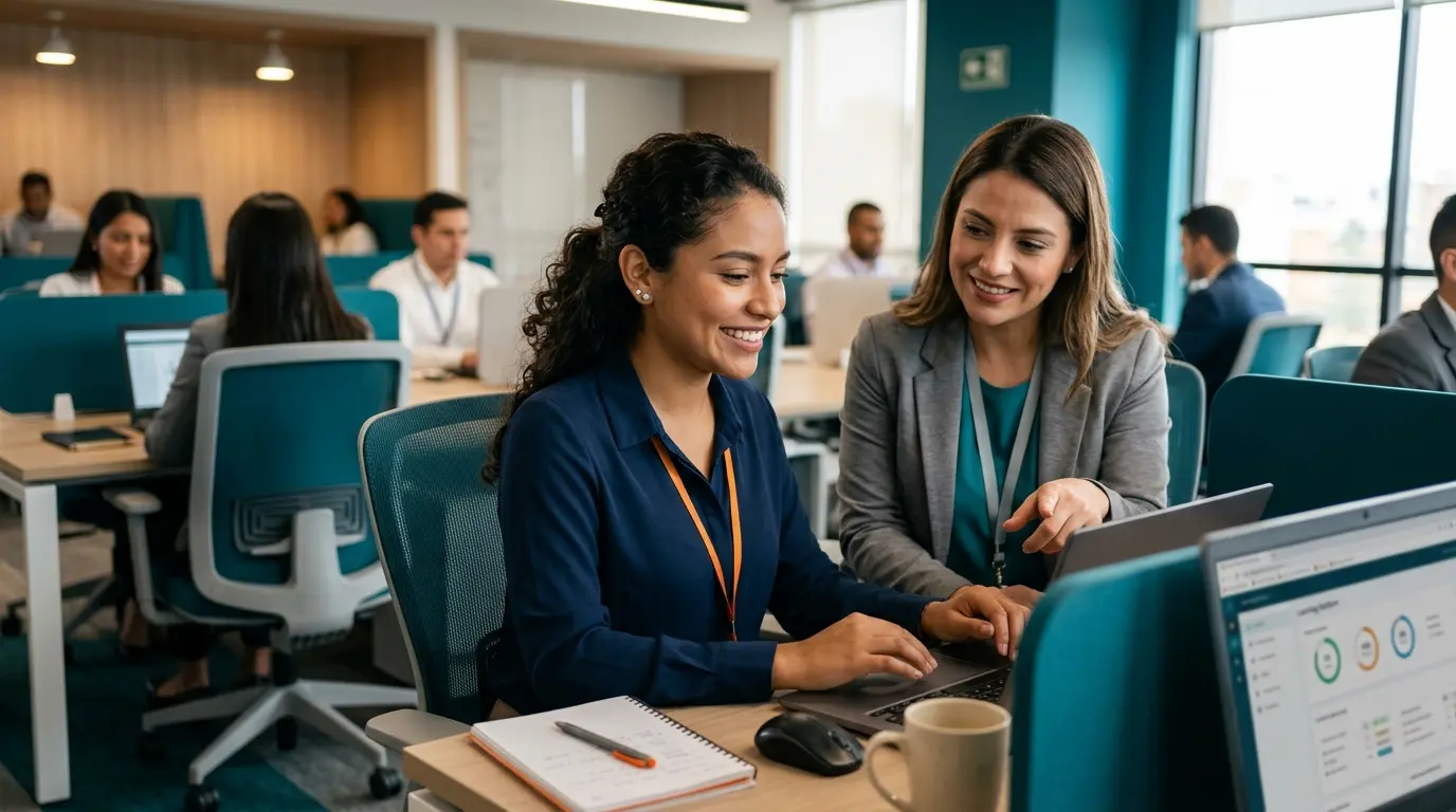 Profesional aprovechando los beneficios de la capacitación en un call center bilingüe Barranquilla