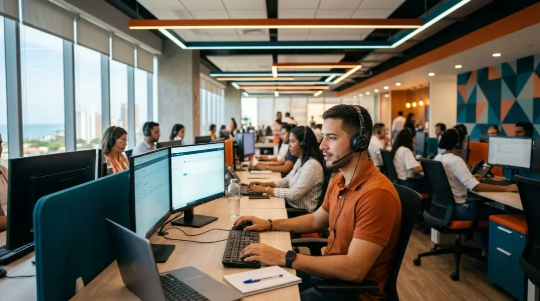 Call center bilingüe Barranquilla con profesionales trabajando en un centro BPO moderno