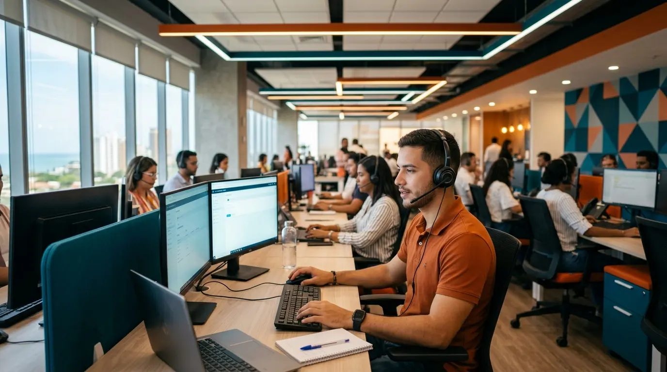 Call center bilingüe Barranquilla con profesionales trabajando en un centro BPO moderno