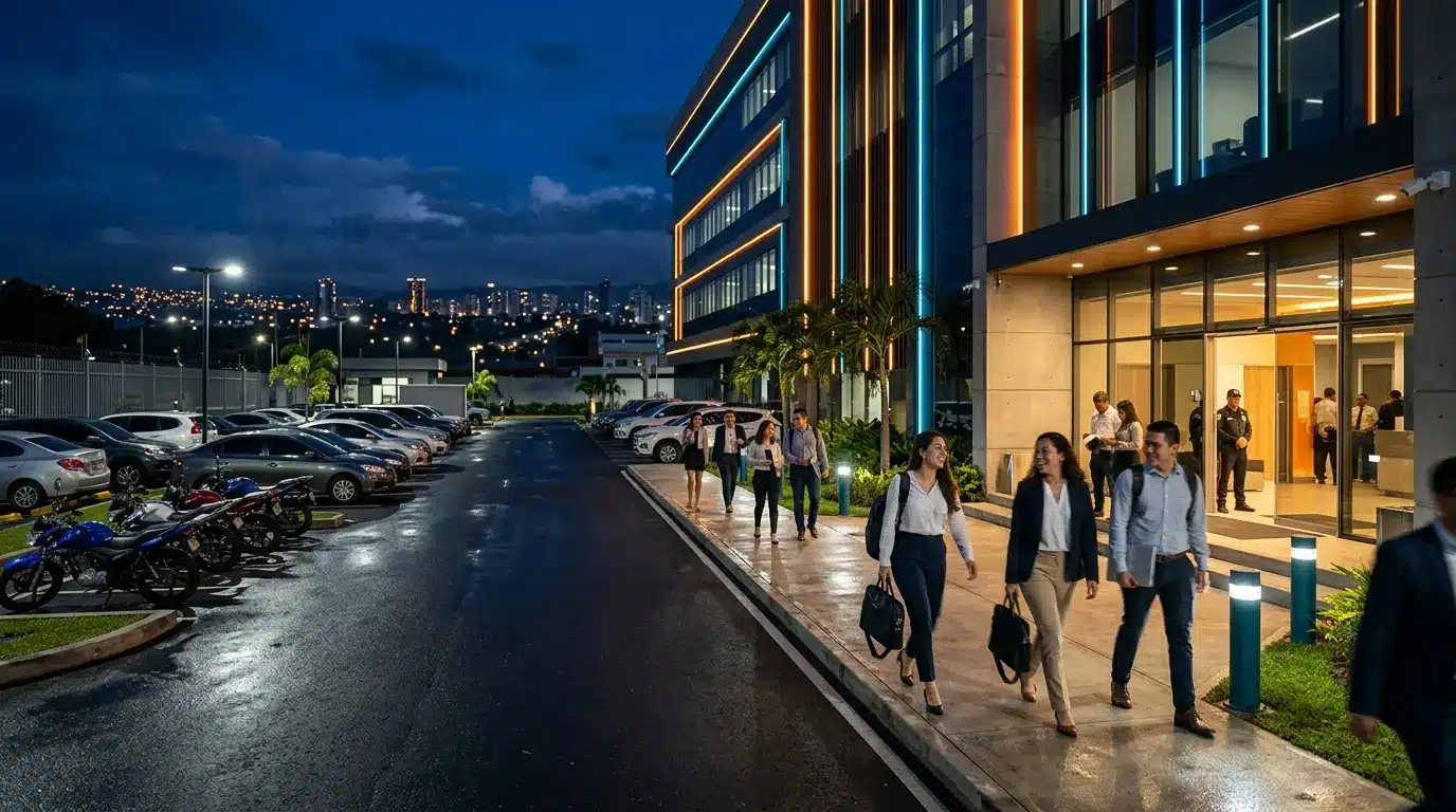 Colaboradores llegando a un centro de trabajo con transporte y parqueo seguro