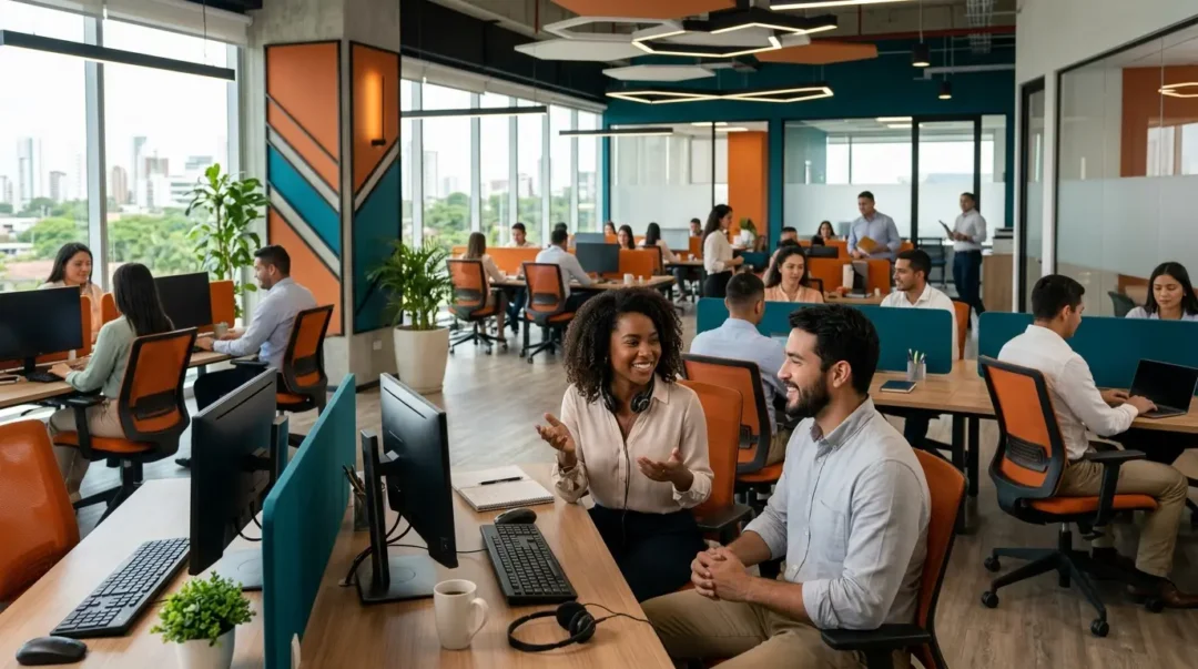 Profesionales trabajando en un call center bilingüe Barranquilla con ambiente laboral estable