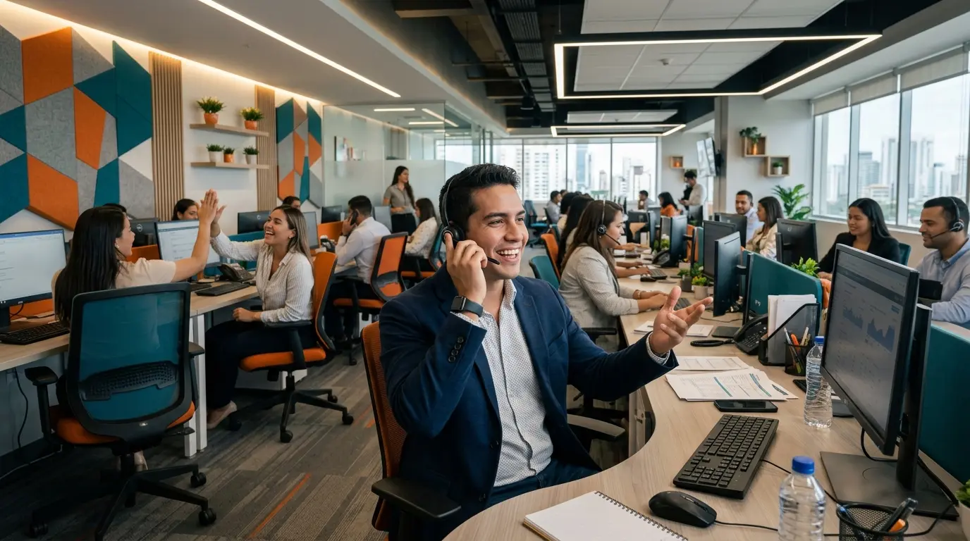 Equipo de ventas de un call center bilingüe Barranquilla durante una jornada laboral