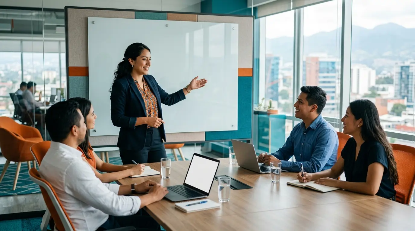 Profesional guatemalteca liderando un equipo dentro de un call center